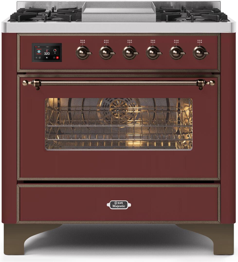 Ilve UM09FDNS3BUB Majestic Ii 36 Inch Dual Fuel Natural Gas Freestanding Range In Burgundy With Bronze Trim