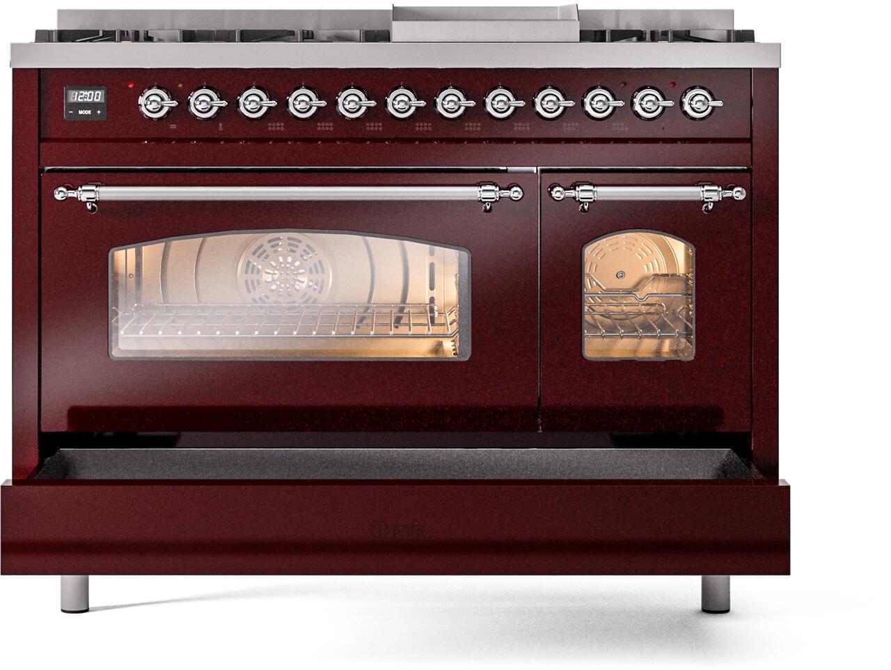 Ilve UP48FNMPBUCLP Nostalgie Ii 48 Inch Dual Fuel Liquid Propane Freestanding Range In Burgundy With Chrome Trim