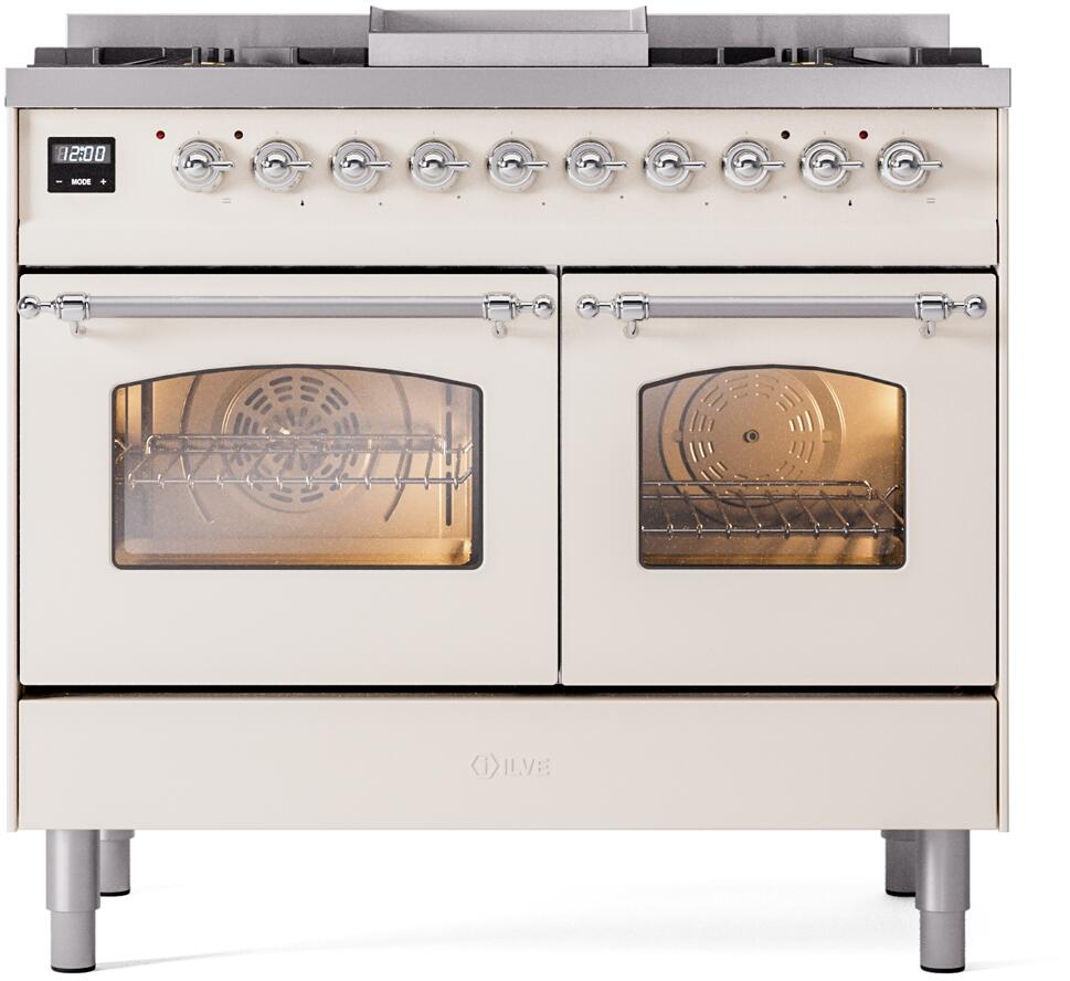 Ilve UPD40FNMPAWCLP Nostalgie Ii 40 Inch Dual Fuel Liquid Propane Freestanding Range In Antique White With Chrome Trim