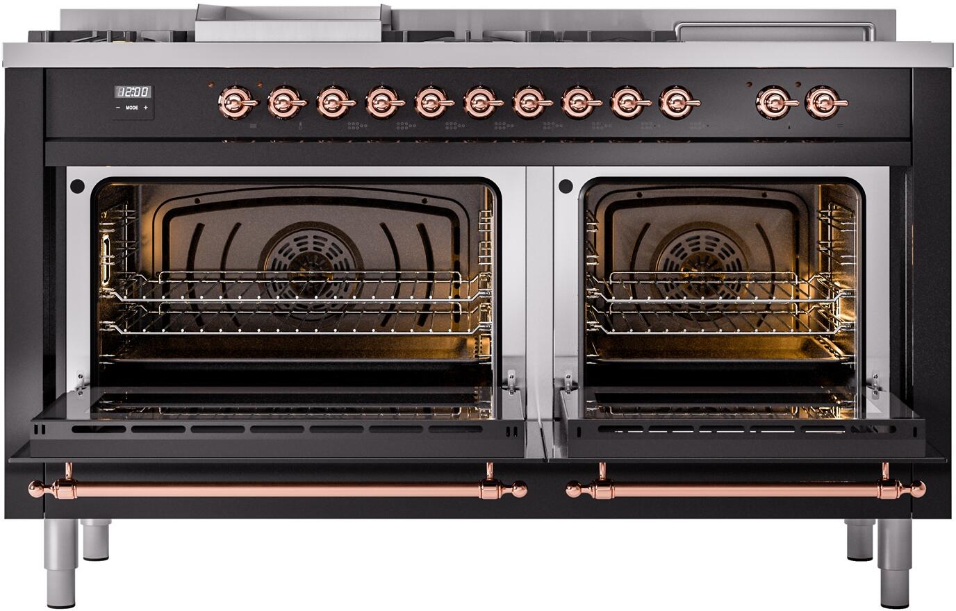 Ilve UP60FSNMPBKPLP Nostalgie Ii 60 Inch Dual Fuel Liquid Propane Freestanding Range In Glossy Black With Copper Trim