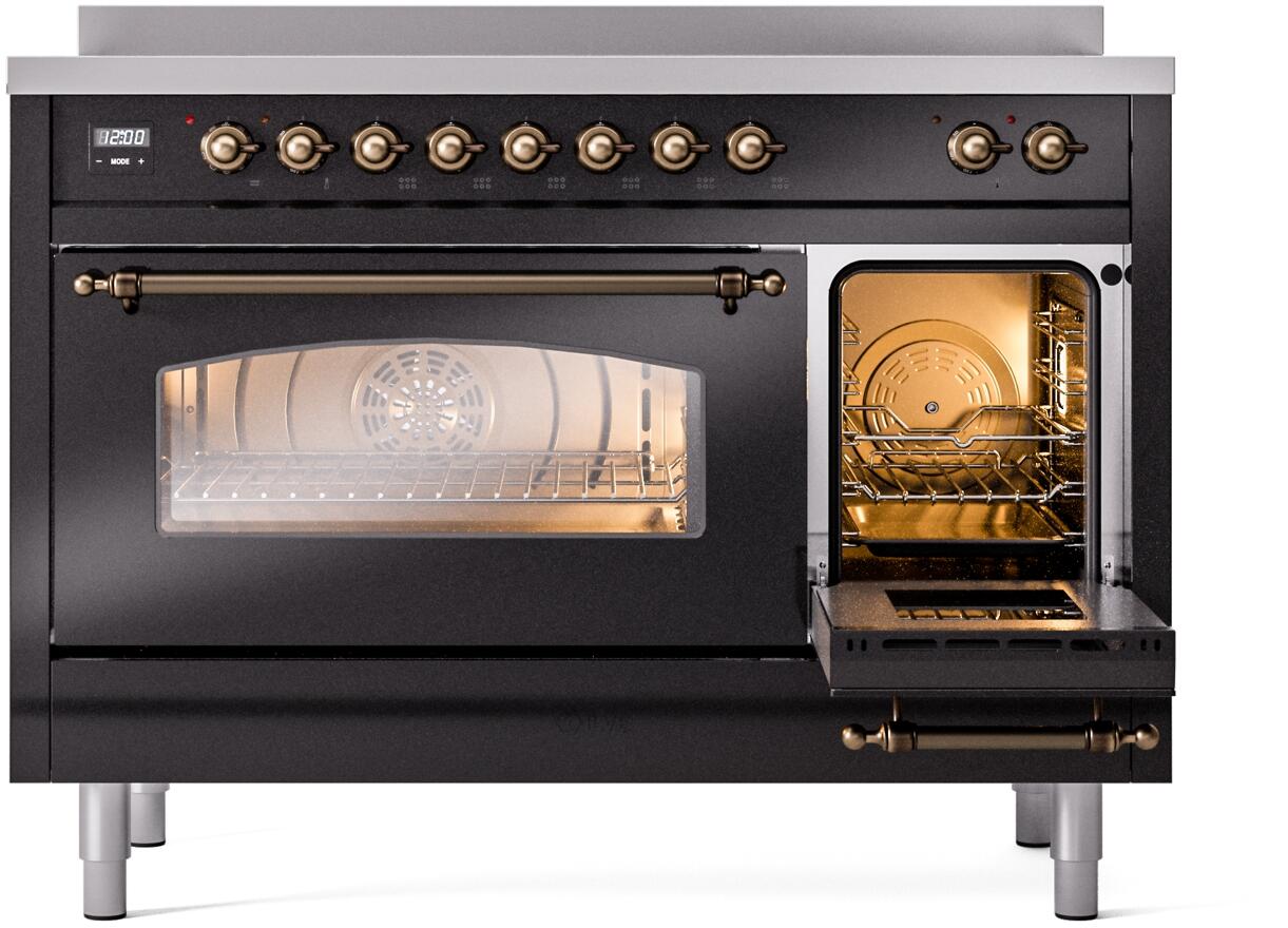 Ilve UPI486NMPBKB Nostalgie Ii 48 Inch Electric Freestanding Range In Glossy Black With Bronze Trim