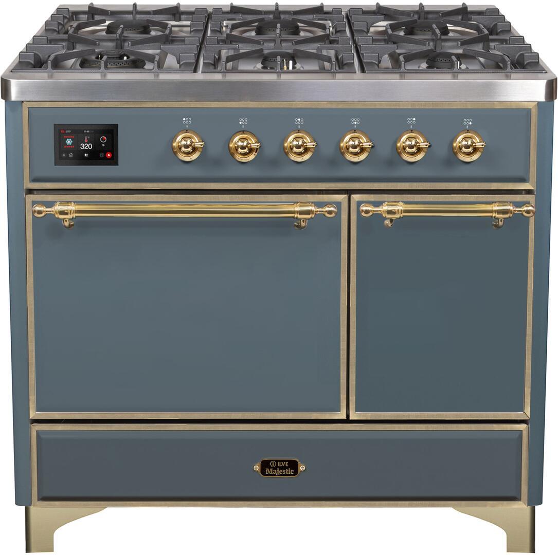 Ilve UMD10FDQNS3BGG Majestic Ii 40 Inch Dual Fuel Natural Gas Freestanding Range In Blue Grey With Brass Trim