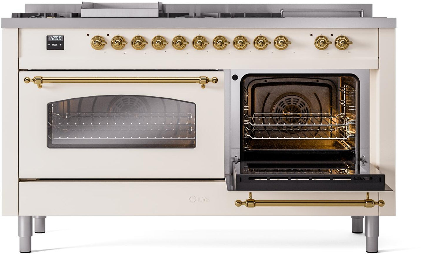 Ilve UP60FSNMPAWG Nostalgie Ii 60 Inch Dual Fuel Natural Gas Freestanding Range In Antique White With Brass Trim