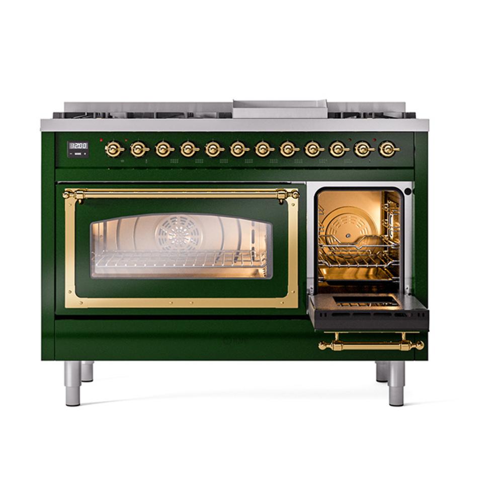 Ilve UN48FNMPEGG Ilve Un48Fnmpegg Nostalgie Ii Noblesse 48" Dual Fuel Range (8 Sealed Burners + Griddle, Natural Gas, Triple Glass Door, Emerald Green, Brass)