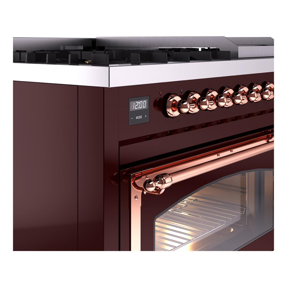 Ilve UN48FNMPBUPLP Ilve Un48Fnmpbuplp Nostalgie Ii Noblesse 48" Dual Fuel Range (8 Sealed Burners + Griddle, Liquid Propane, Triple Glass Door, Burgundy, Copper)