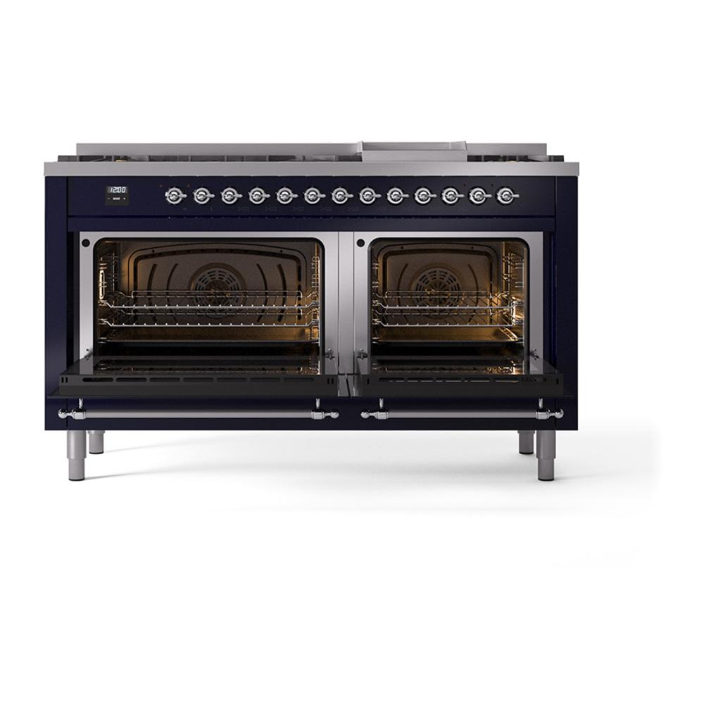 Ilve UN60FNMPMBC Ilve Un60Fnmpmbc Nostalgie Ii Noblesse 60" Dual Fuel Range (9 Sealed Burners + Griddle, Natural Gas, Triple Glass Door, Midnight Blue, Chrome)