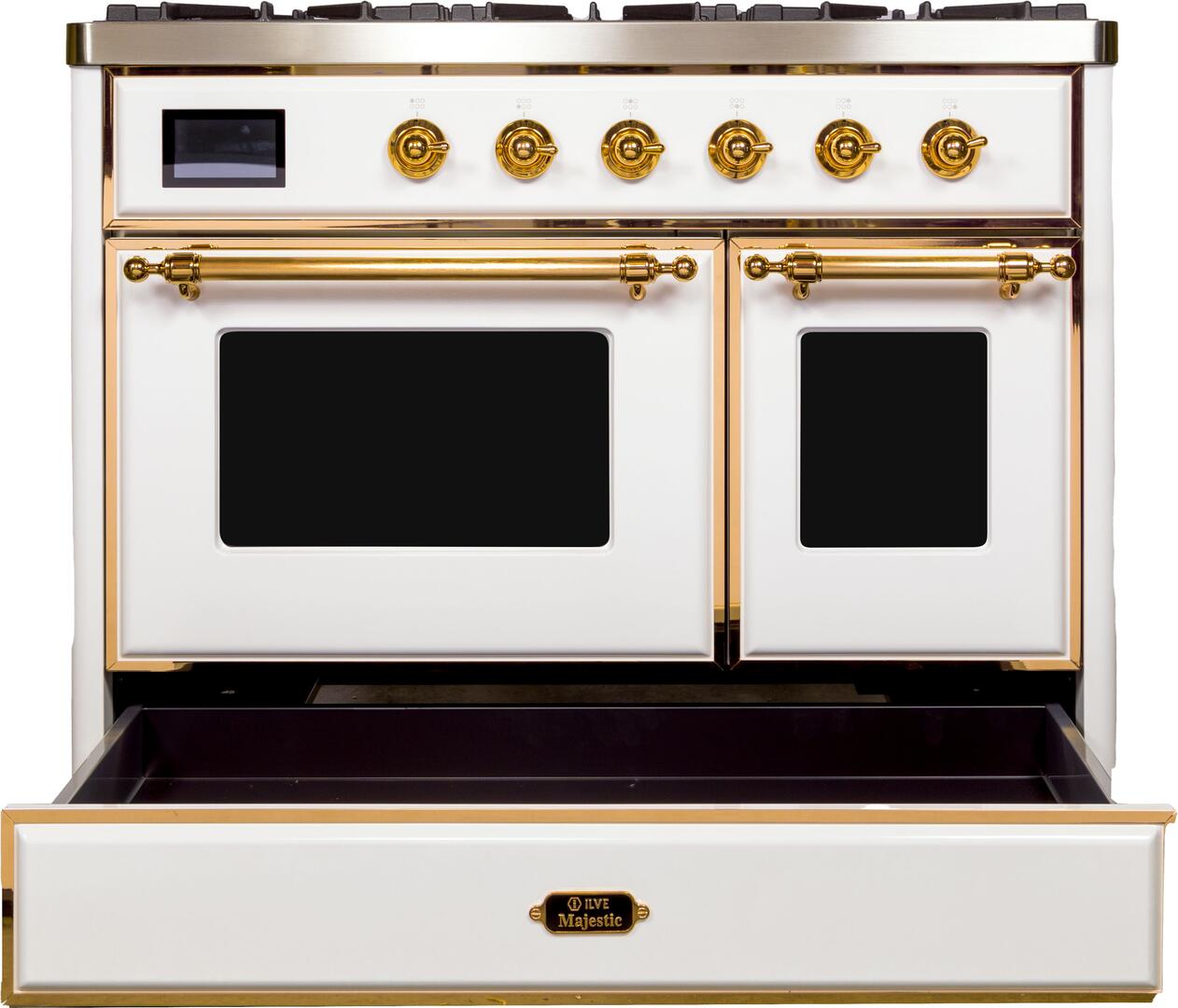 Ilve UMD10FDNS3WHG Majestic Ii 40 Inch Dual Fuel Natural Gas Freestanding Range In White With Brass Trim