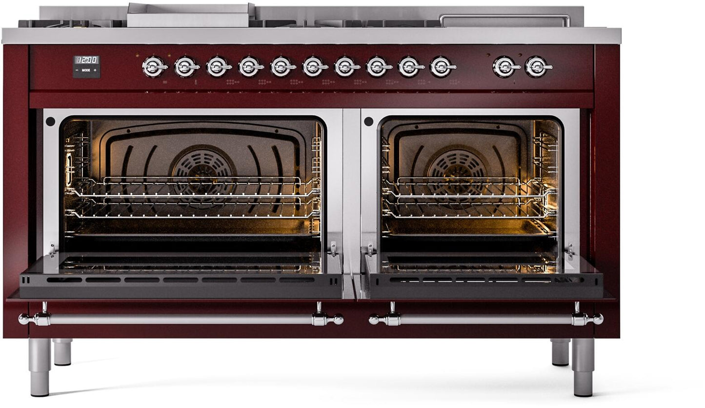 Ilve UP60FSNMPBUCLP Nostalgie Ii 60 Inch Dual Fuel Liquid Propane Freestanding Range In Burgundy With Chrome Trim