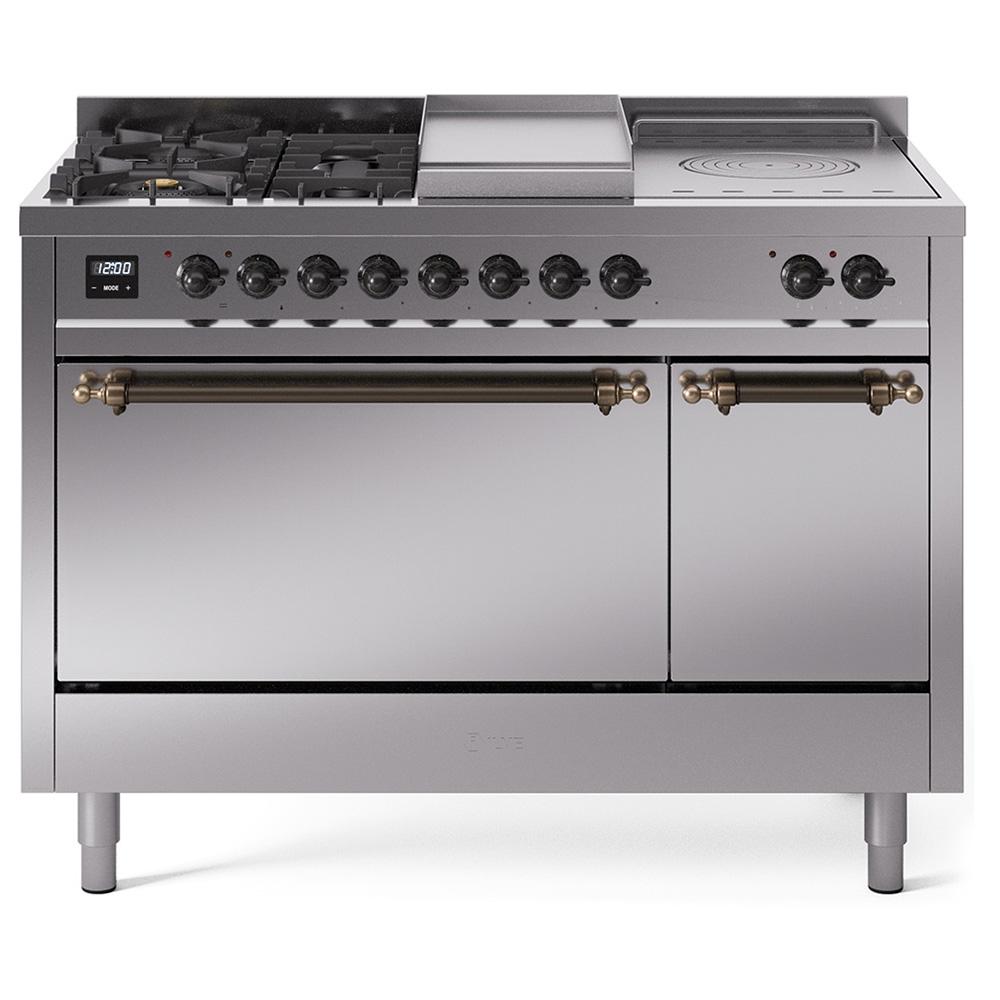 Ilve UP48FSQNMPSSBLP Ilve Nostalgie Ii 48 Up48Fsqnmpssb Freestanding Dual Fuel Range With 5 Sealed Burners And French Top Double Oven With Solid Door In Stainless Steel With Bronze Knobs