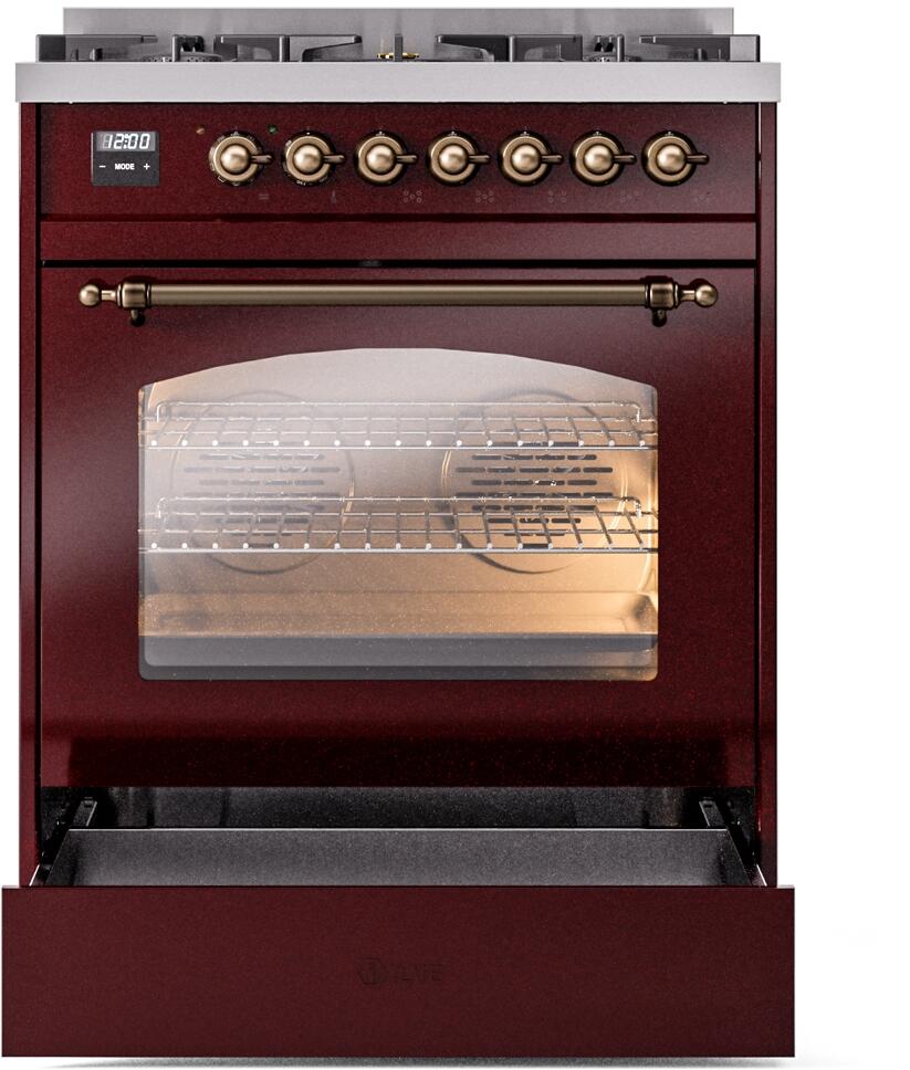 Ilve UP30NMPBUBLP Nostalgie Ii 30 Inch Dual Fuel Liquid Propane Freestanding Range In Burgundy With Bronze Trim