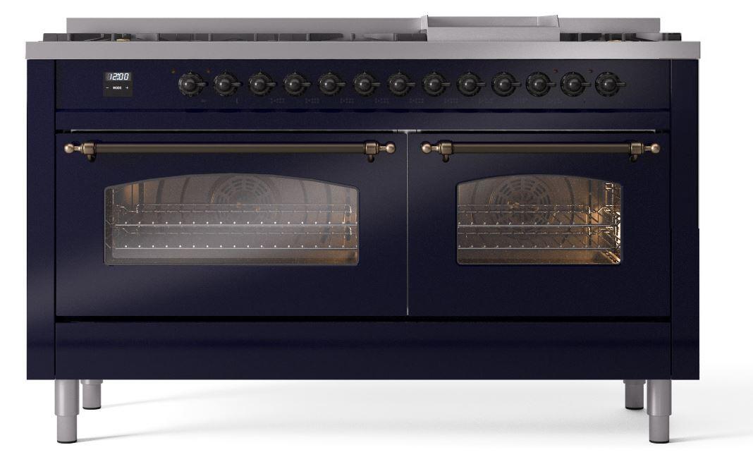 Ilve UP60FNMPMBBLP Nostalgie Ii 60 Inch Dual Fuel Liquid Propane Freestanding Range In Blue With Bronze Trim