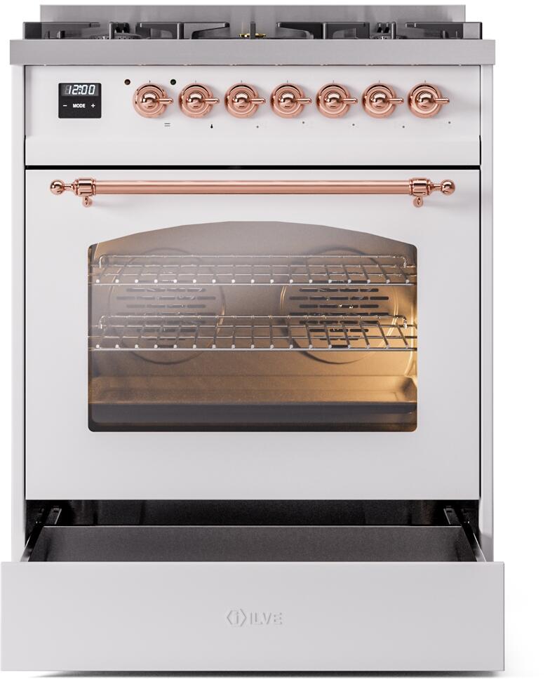 Ilve UP30NMPWHP Nostalgie Ii 30 Inch Dual Fuel Natural Gas Freestanding Range In White With Copper Trim