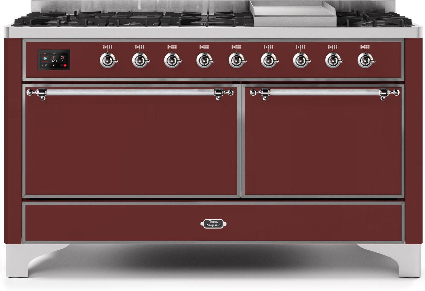 Ilve UM15FDQNS3BUCLP Majestic Ii 60 Inch Dual Fuel Liquid Propane Freestanding Range In Burgundy With Chrome Trim