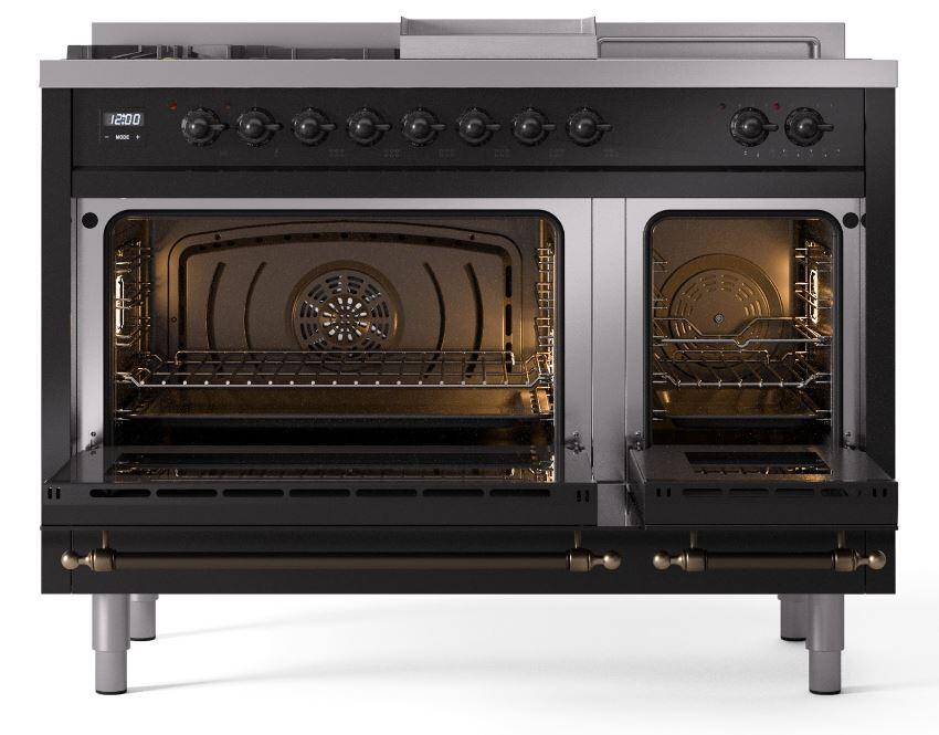 Ilve UP48FSNMPBKBLP Nostalgie Ii 48 Inch Dual Fuel Liquid Propane Freestanding Range In Glossy Black With Bronze Trim