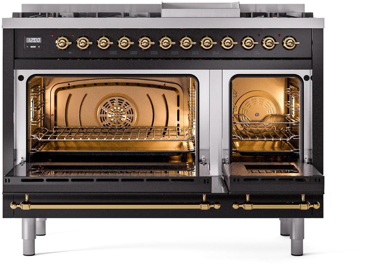 Ilve UP48FNMPBKG Nostalgie Ii 48 Inch Dual Fuel Natural Gas Freestanding Range In Glossy Black With Brass Trim