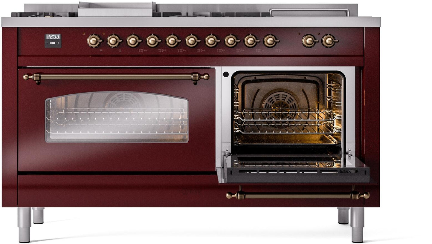 Ilve UP60FSNMPBUB Nostalgie Ii 60 Inch Dual Fuel Natural Gas Freestanding Range In Burgundy With Bronze Trim