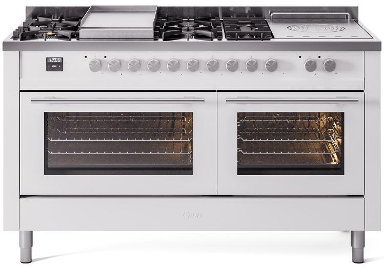 Ilve UP60FSWMPWH Professional Plus Ii 60 Inch Dual Fuel Natural Gas Freestanding Range In White With Trim