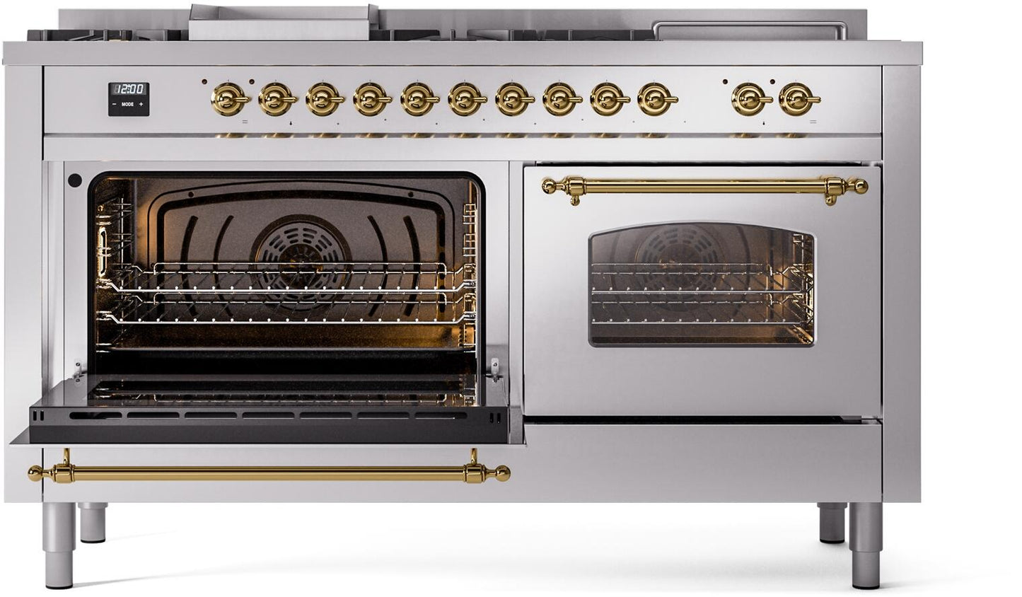 Ilve UP60FSNMPSSG Nostalgie Ii 60 Inch Dual Fuel Natural Gas Freestanding Range In Stainless Steel With Brass Trim