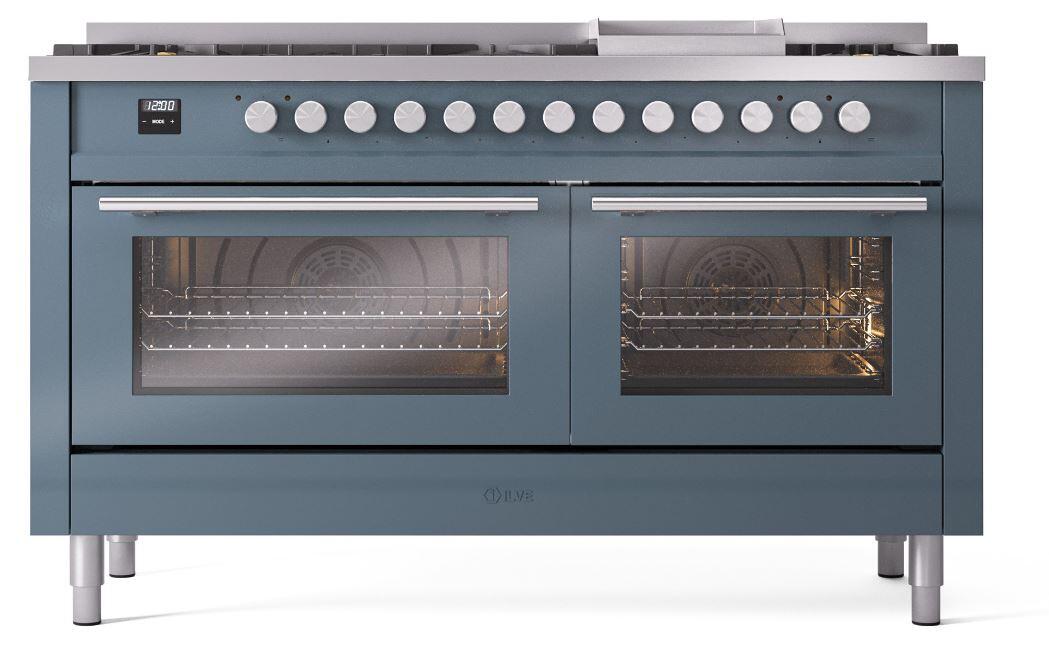 Ilve UP60FWMPBG Professional Plus Ii 60 Inch Dual Fuel Natural Gas Freestanding Range In Blue Grey With Trim