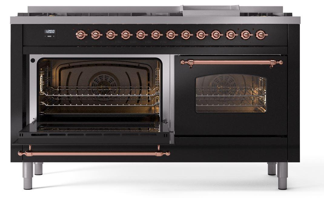 Ilve UP60FNMPBKPLP Nostalgie Ii 60 Inch Dual Fuel Liquid Propane Freestanding Range In Glossy Black With Copper Trim