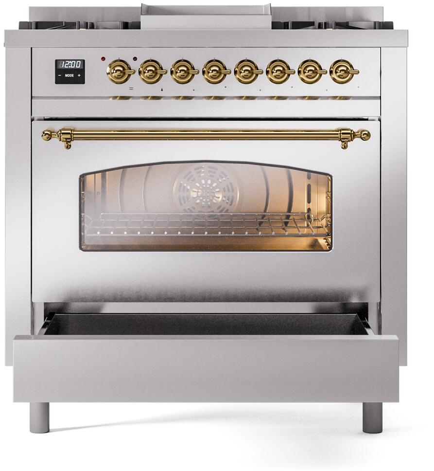 Ilve UP36FNMPSSG Nostalgie Ii 36 Inch Dual Fuel Natural Gas Freestanding Range In Stainless Steel With Brass Trim