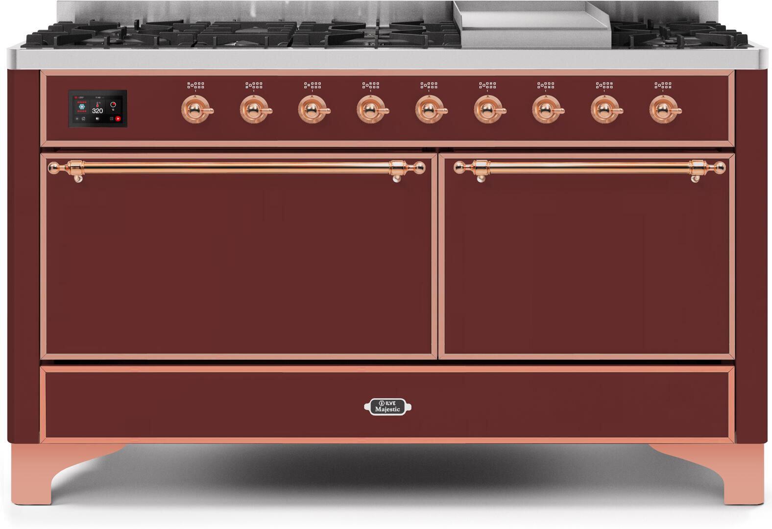 Ilve UM15FDQNS3BUP Majestic Ii 60 Inch Dual Fuel Natural Gas Freestanding Range In Burgundy With Copper Trim