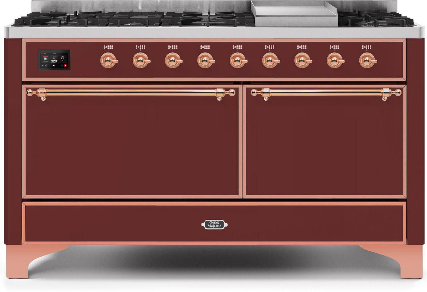 Ilve UM15FDQNS3BUP Majestic Ii 60 Inch Dual Fuel Natural Gas Freestanding Range In Burgundy With Copper Trim