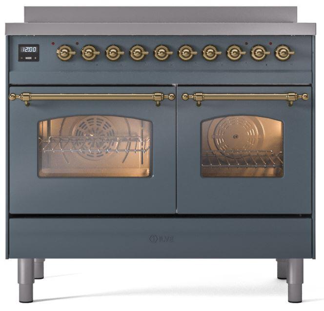 Ilve UPDI406NMPBGG Nostalgie Ii 40 Inch Electric Freestanding Range In Blue Grey With Brass Trim