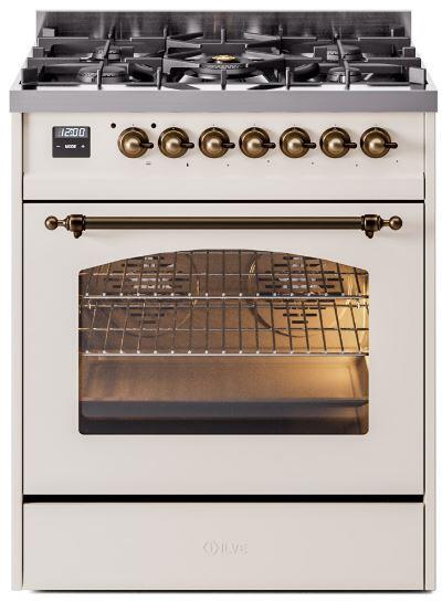 Ilve UP30NMPAWB Nostalgie Ii 30 Inch Dual Fuel Natural Gas Freestanding Range In Antique White With Bronze Trim