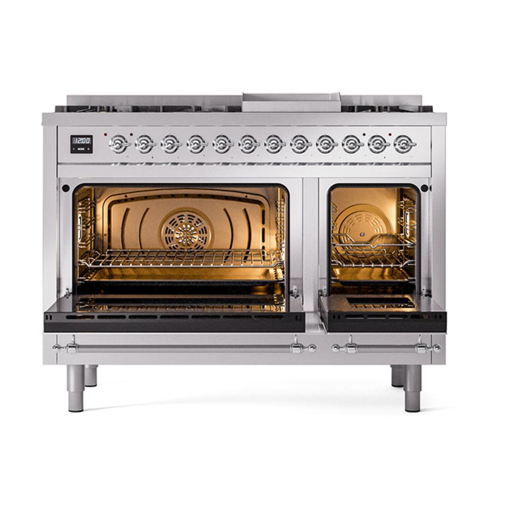 Ilve UN48FNMPSSCLP Ilve Un48Fnmpssclp Nostalgie Ii Noblesse 48" Dual Fuel Range (8 Sealed Burners + Griddle, Liquid Propane, Triple Glass Door, Stainless Steel, Chrome)