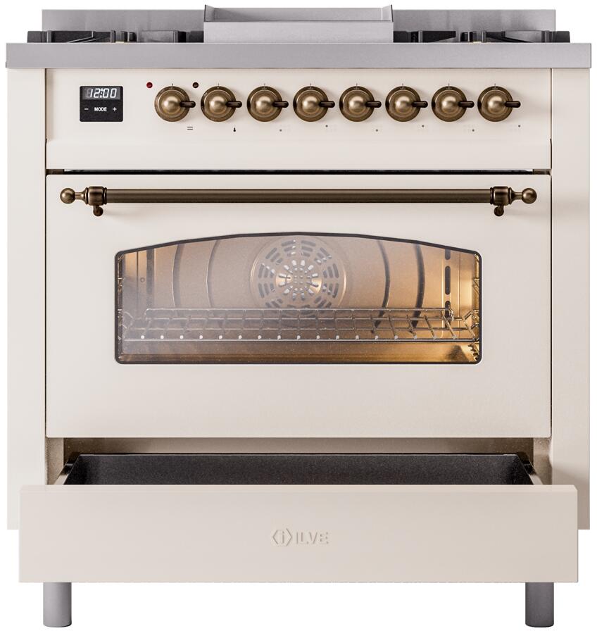 Ilve UP36FNMPAWB Nostalgie Ii 36 Inch Dual Fuel Natural Gas Freestanding Range In Antique White With Bronze Trim