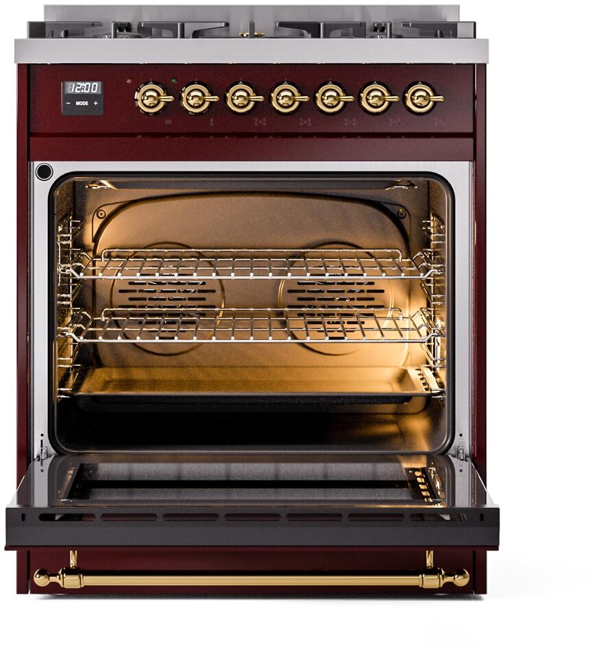 Ilve UP30NMPBUG Nostalgie Ii 30 Inch Dual Fuel Natural Gas Freestanding Range In Burgundy With Brass Trim