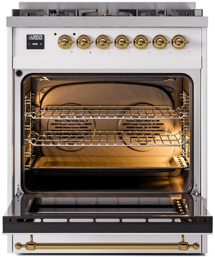 Ilve UP30NMPWHG Nostalgie Ii 30 Inch Dual Fuel Natural Gas Freestanding Range In White With Brass Trim