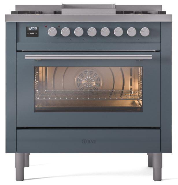 Ilve UP36FWMPBG Professional Plus Ii 36 Inch Dual Fuel Natural Gas Freestanding Range In Blue Grey With Trim