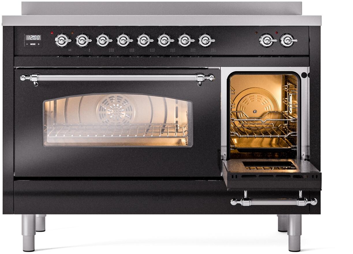 Ilve UPI486NMPBKC Nostalgie Ii 48 Inch Electric Freestanding Range In Glossy Black With Chrome Trim