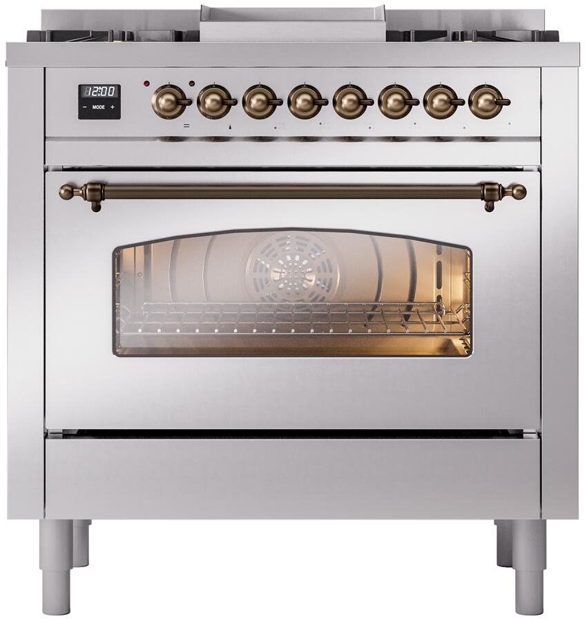 Ilve UP36FNMPSSB Nostalgie Ii 36 Inch Dual Fuel Natural Gas Freestanding Range In Stainless Steel With Bronze Trim