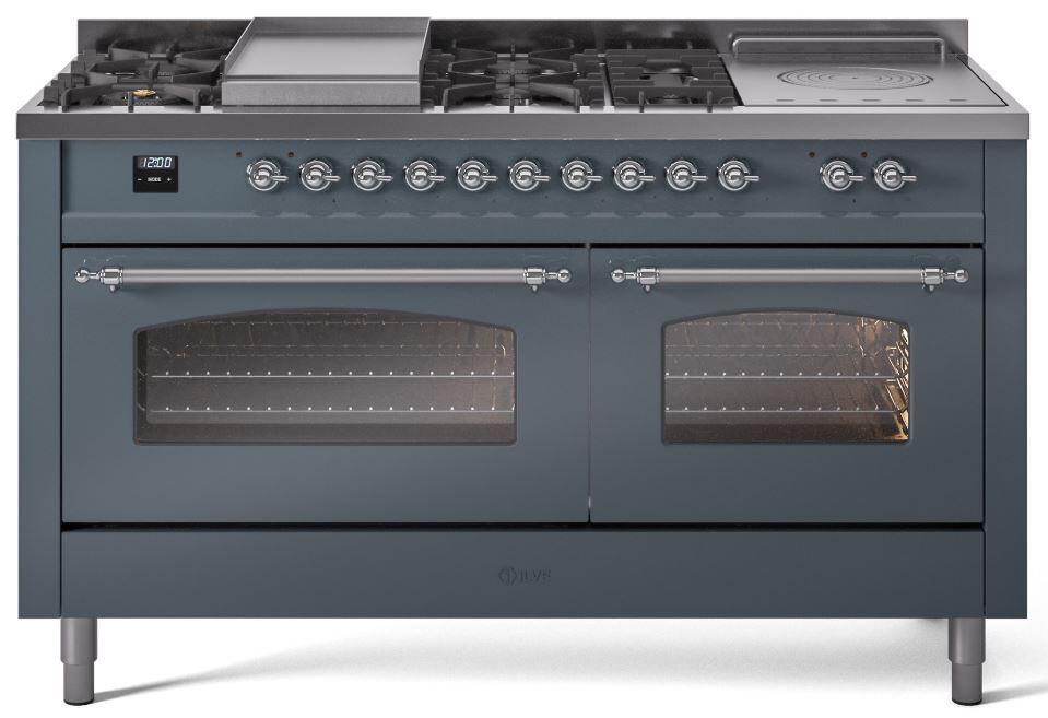 Ilve UP60FSNMPBGC Nostalgie Ii 60 Inch Dual Fuel Natural Gas Freestanding Range In Blue Grey With Chrome Trim