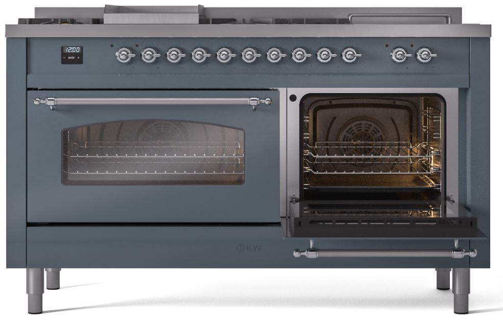 Ilve UP60FSNMPBGC Nostalgie Ii 60 Inch Dual Fuel Natural Gas Freestanding Range In Blue Grey With Chrome Trim