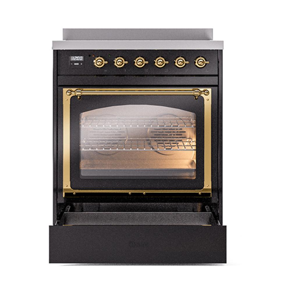 Ilve UNI304NMPBKG Ilve Uni304Nmpbkg Nostalgie Ii Noblesse 30" Induction Range (Triple Glass Door, Glossy Black, Brass)