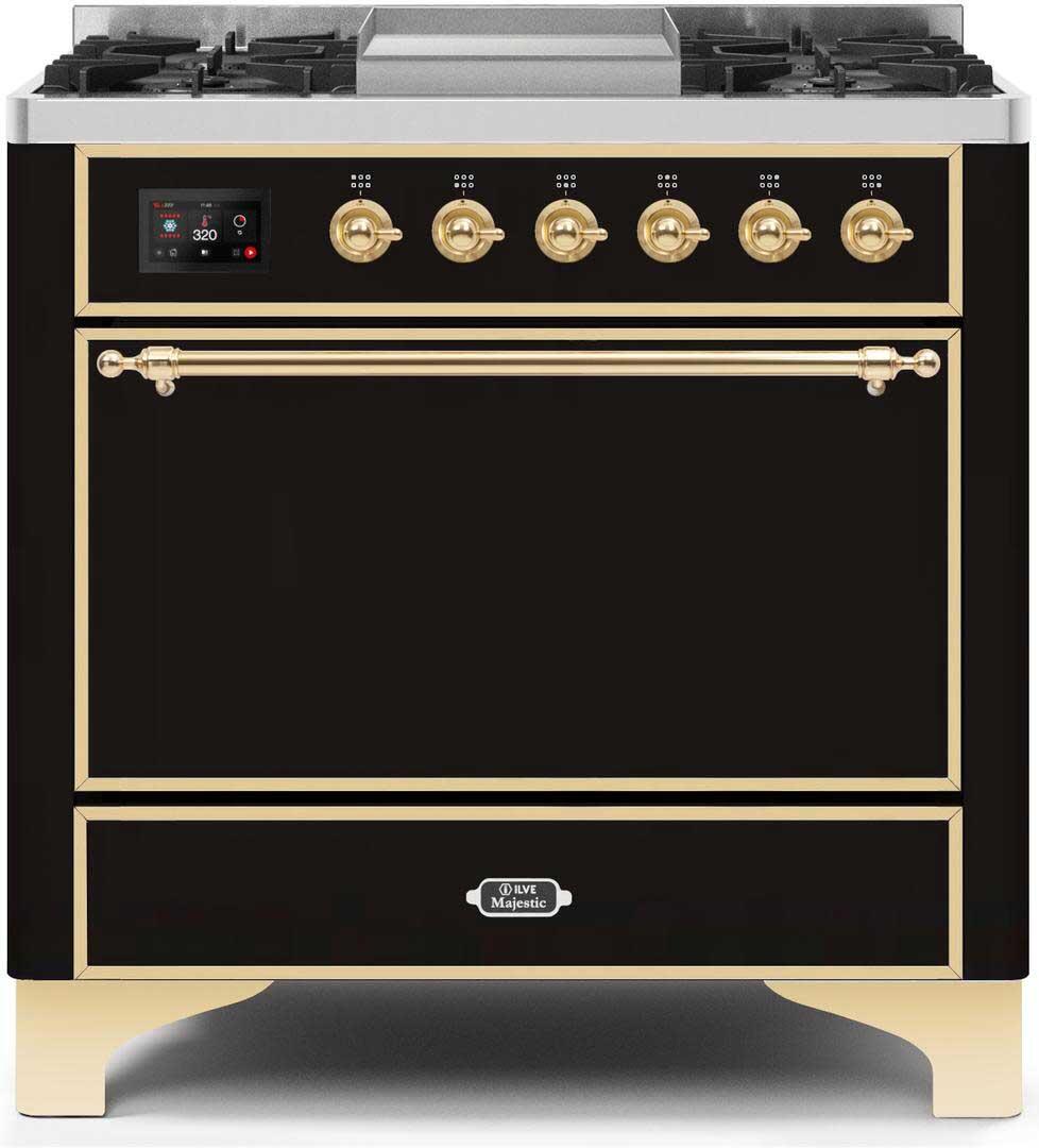 Ilve UM09FDQNS3BKGLP Majestic Ii 36 Inch Dual Fuel Liquid Propane Freestanding Range In Glossy Black With Brass Trim