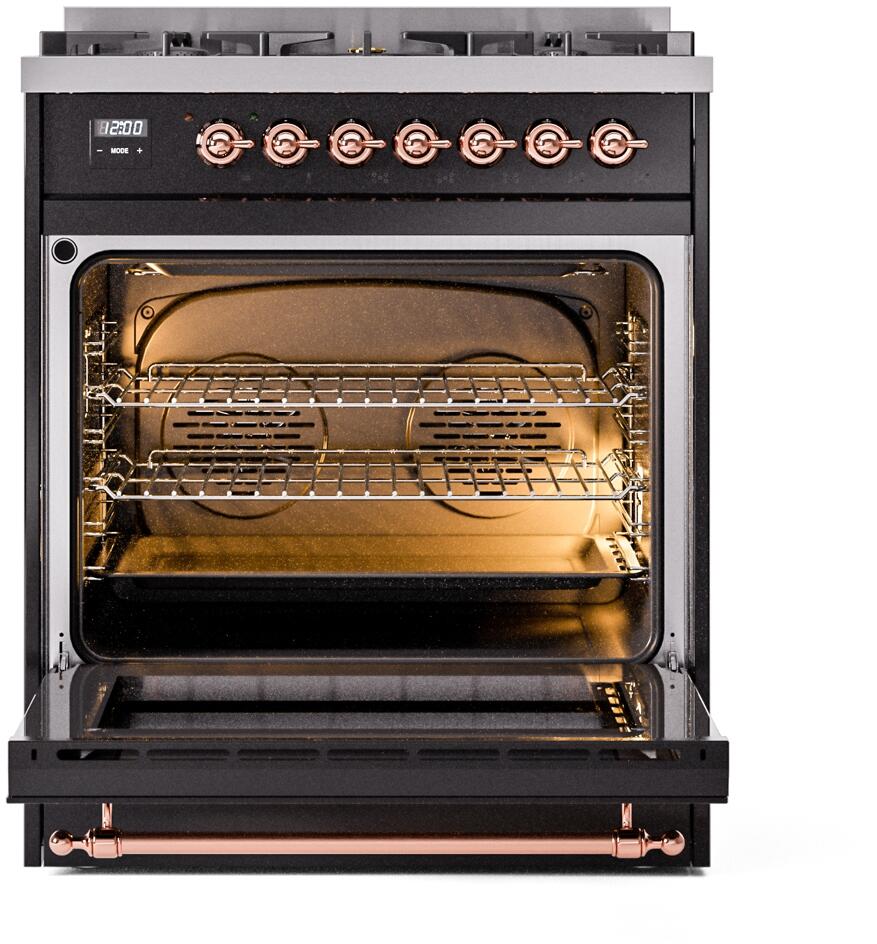 Ilve UP30NMPBKP Nostalgie Ii 30 Inch Dual Fuel Natural Gas Freestanding Range In Glossy Black With Copper Trim