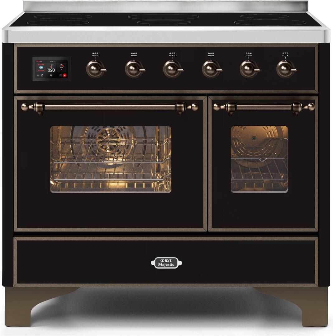 Ilve UMDI10NS3BKB Majestic Ii 40 Inch Electric Freestanding Range In Glossy Black With Bronze Trim