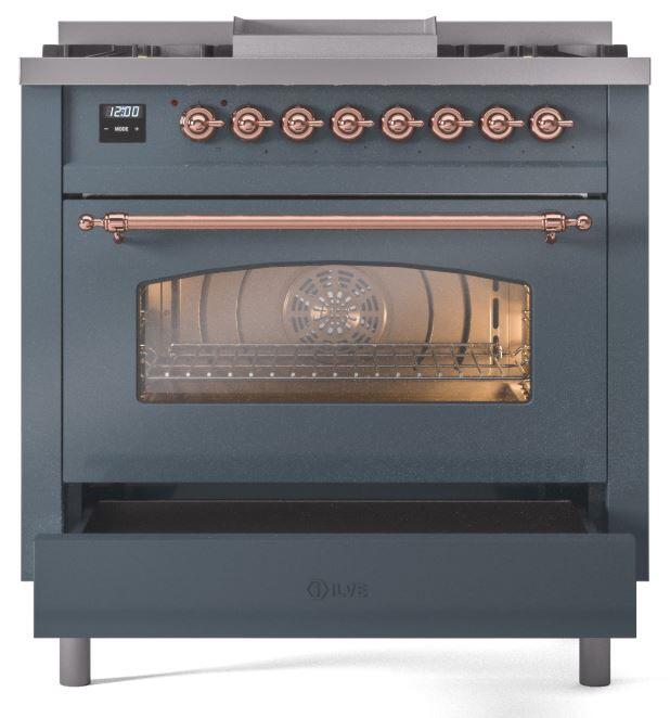 Ilve UP36FNMPBGP Nostalgie Ii 36 Inch Dual Fuel Natural Gas Freestanding Range In Blue Grey With Copper Trim