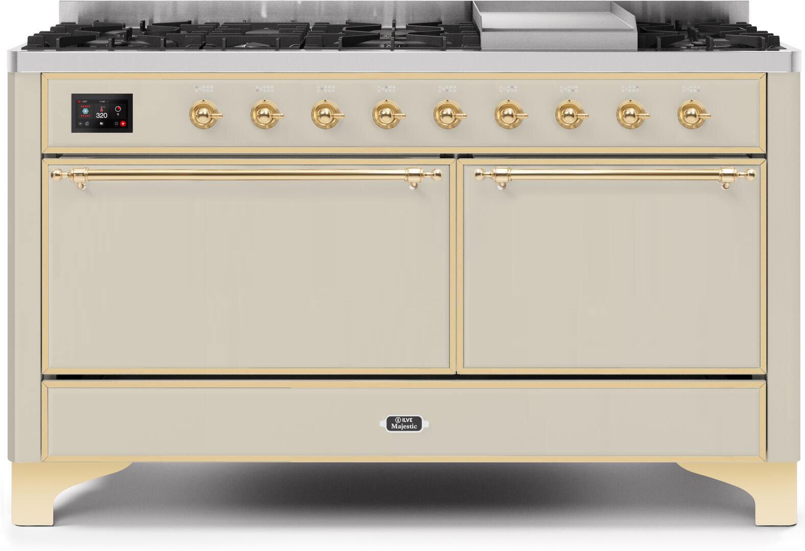 Ilve UM15FDQNS3AWG Majestic Ii 60 Inch Dual Fuel Natural Gas Freestanding Range In Antique White With Brass Trim