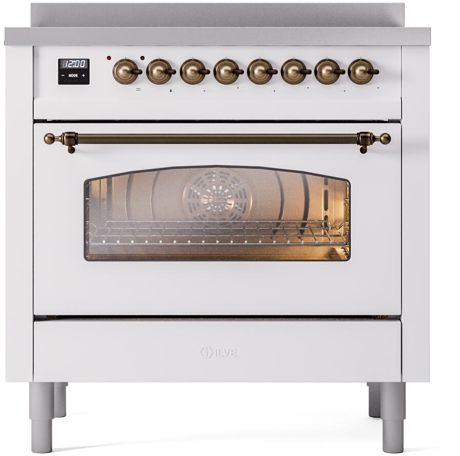 Ilve UPI366NMPWHB Nostalgie Ii 36 Inch Electric Freestanding Range In White With Bronze Trim