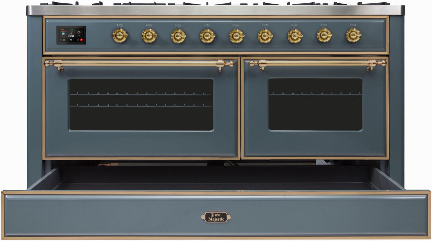 Ilve UM15FDNS3BGG Majestic Ii 60 Inch Dual Fuel Natural Gas Freestanding Range In Blue Grey With Brass Trim