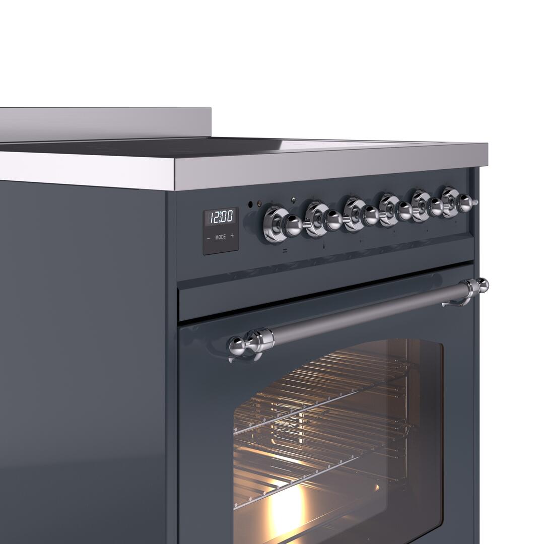 Ilve UPI304NMPBGC Nostalgie Ii 30 Inch Electric Freestanding Range In Blue Grey With Chrome Trim