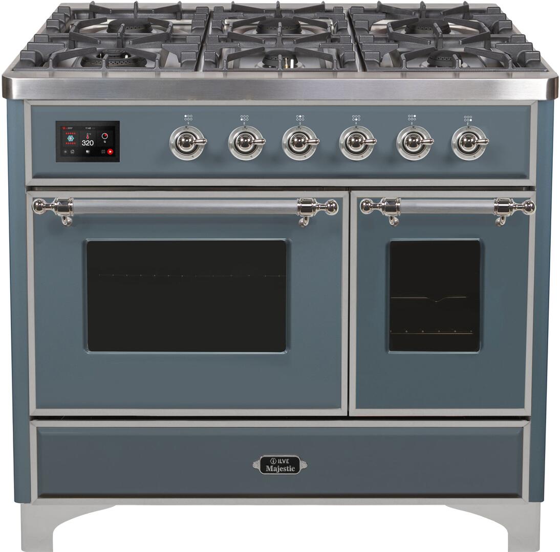 Ilve UMD10FDNS3BGCLP Majestic Ii 40 Inch Dual Fuel Liquid Propane Freestanding Range In Blue Grey With Chrome Trim