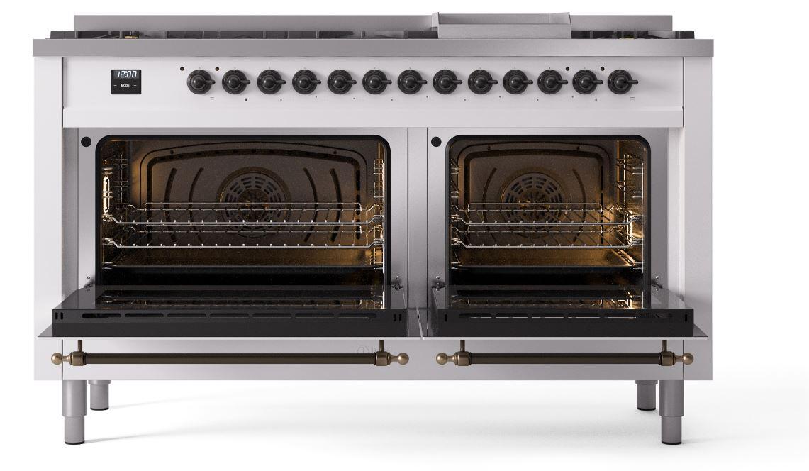 Ilve UP60FNMPWHB Nostalgie Ii 60 Inch Dual Fuel Natural Gas Freestanding Range In White With Bronze Trim