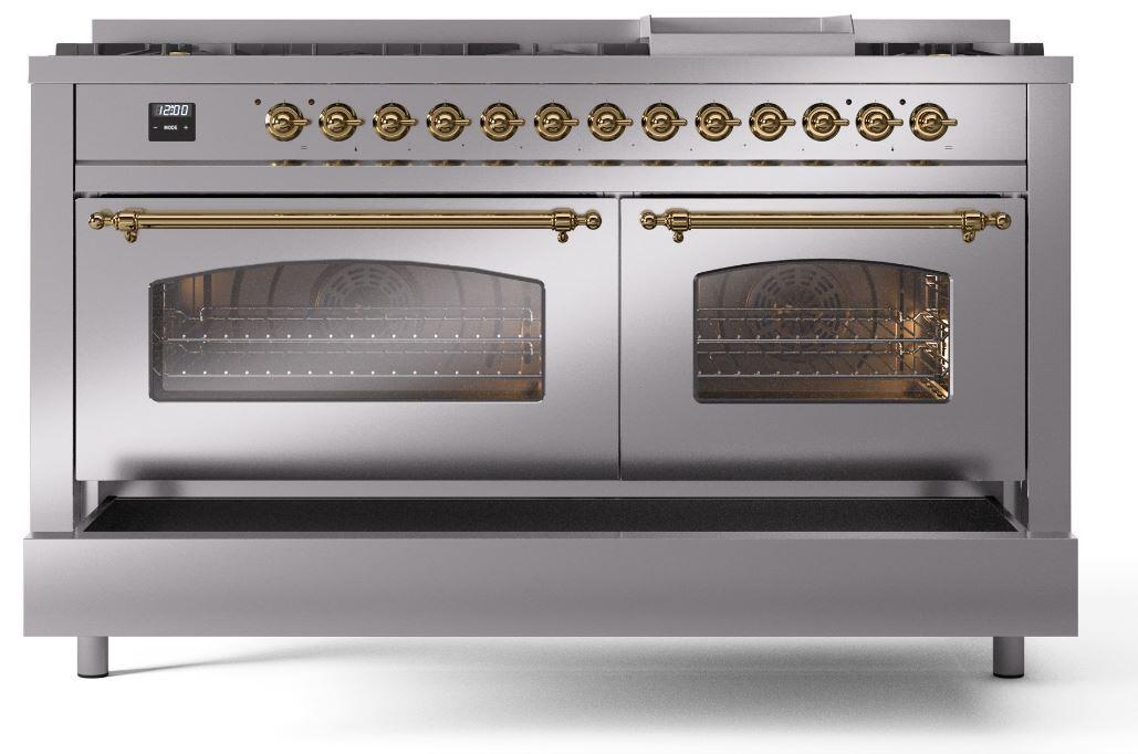 Ilve UP60FNMPSSG Nostalgie Ii 60 Inch Dual Fuel Natural Gas Freestanding Range In Stainless Steel With Brass Trim